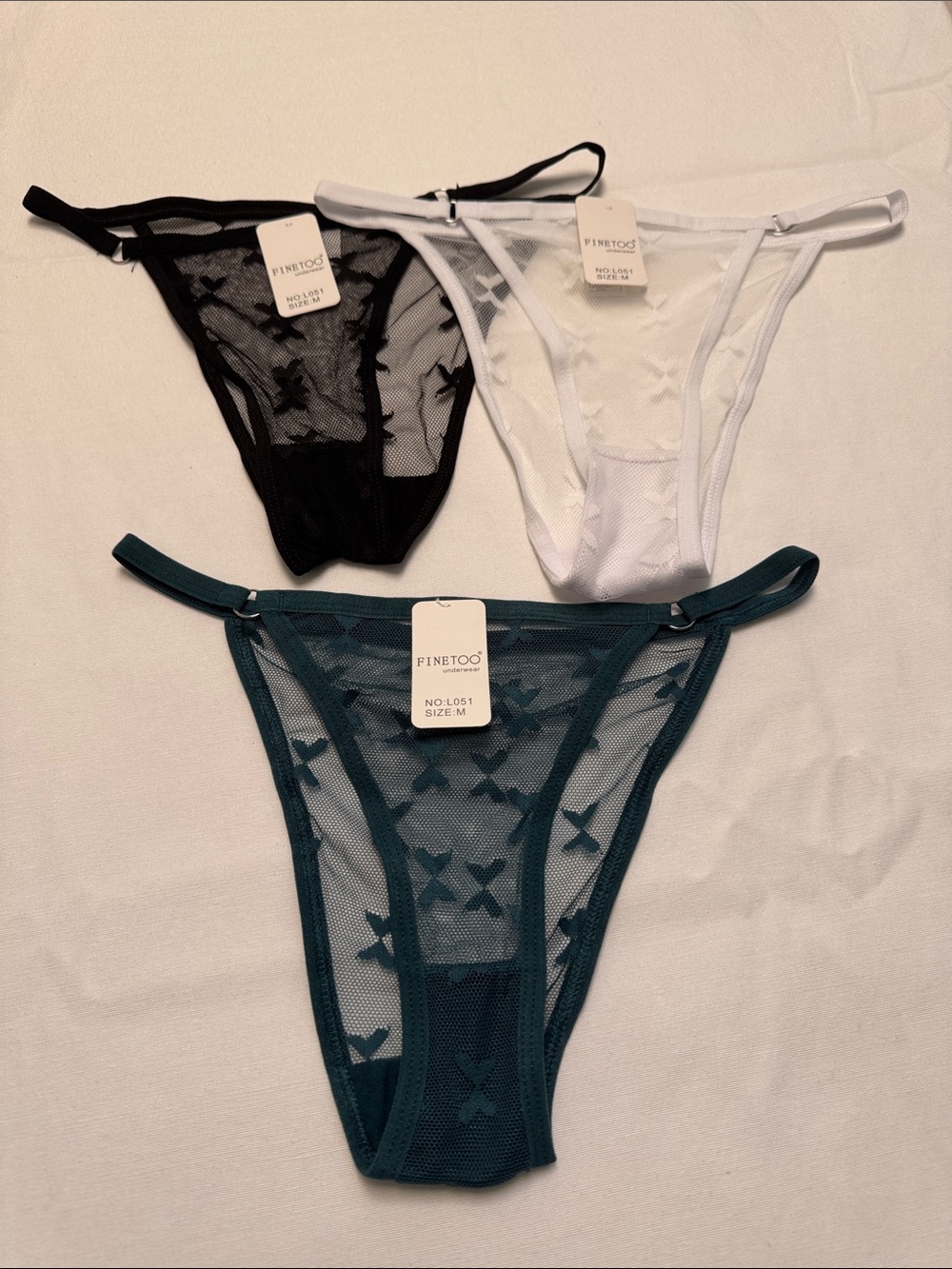 FINETOO Sheer Star Mesh Thong Trio - Black, White, Teal
